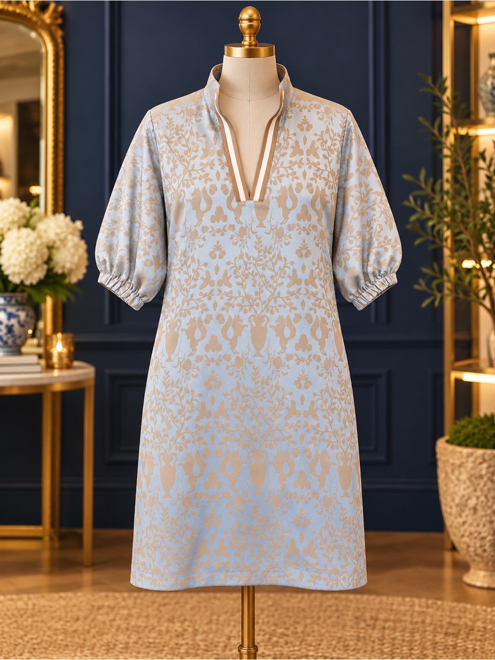 Emily McCarthy poppy Hampton Blue & Cream Brocade V-Neck Puff Sleeve Dress M